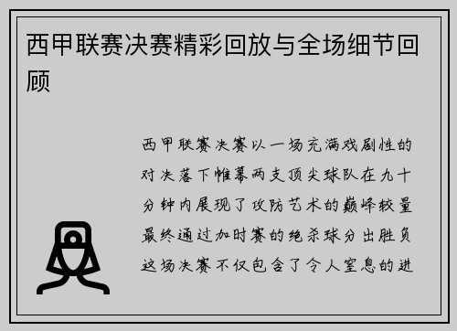 西甲联赛决赛精彩回放与全场细节回顾