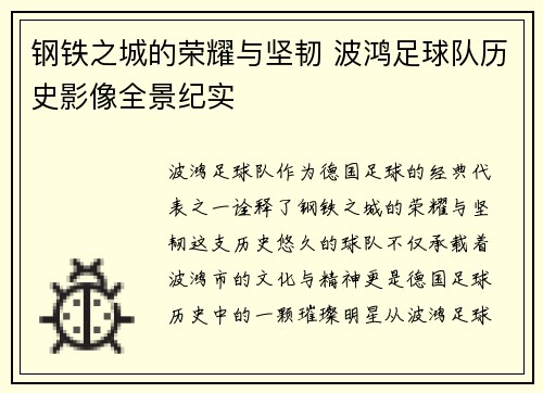 钢铁之城的荣耀与坚韧 波鸿足球队历史影像全景纪实