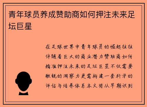 青年球员养成赞助商如何押注未来足坛巨星