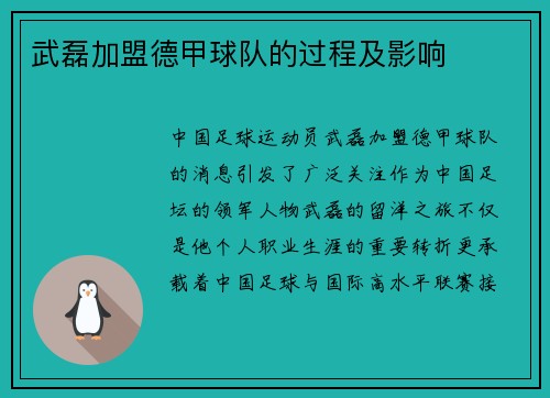 武磊加盟德甲球队的过程及影响